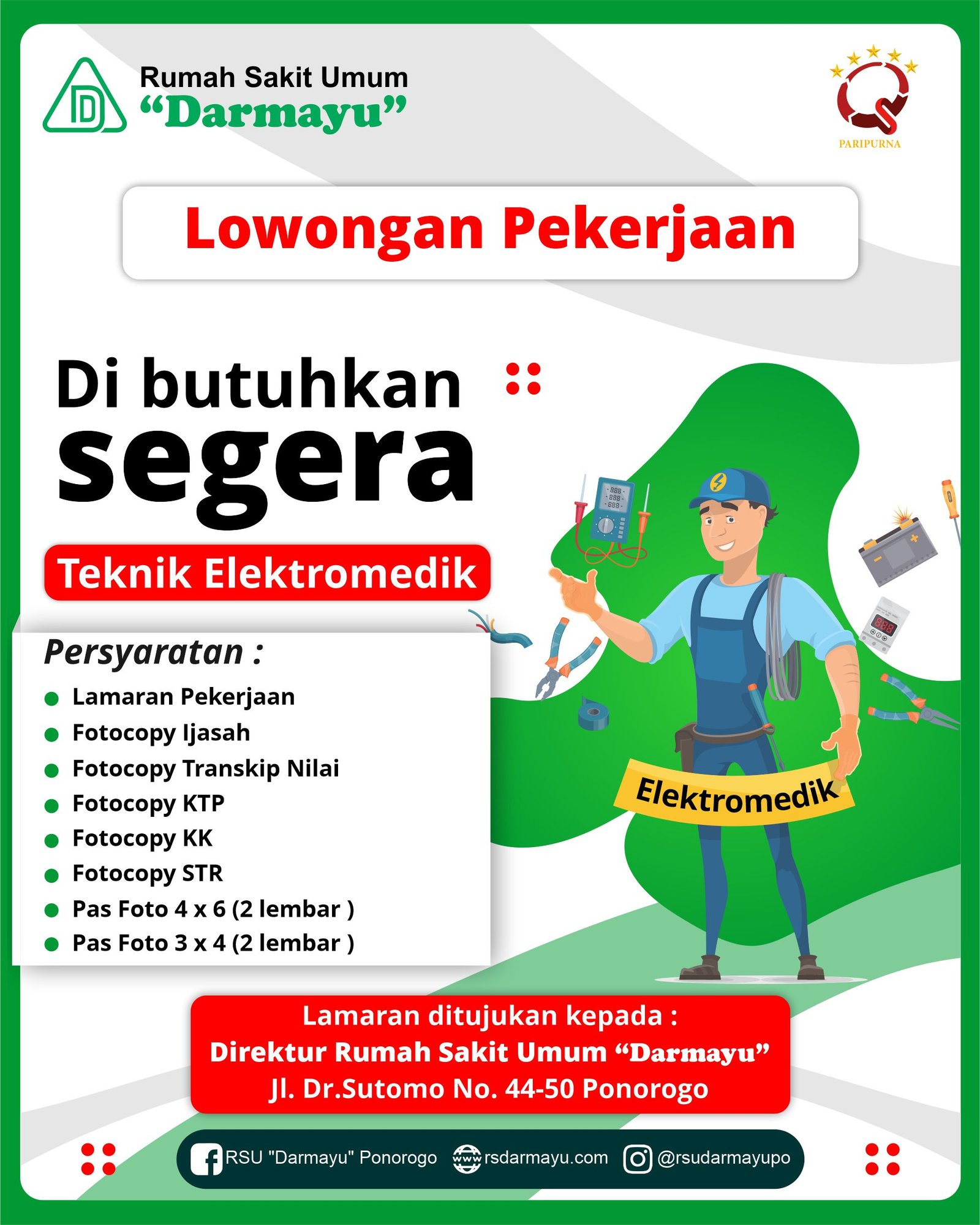 Lowongan Pekerjaan Teknik Elektromedik – RSU "Darmayu"